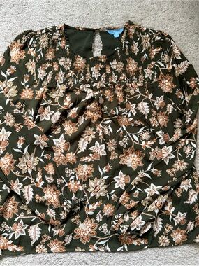 Draper James Olive Floral Smocked Yoke Long Sleeve Blouse
